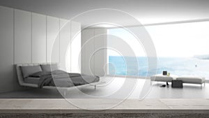 Wooden vintage table top or shelf closeup, zen mood, over blurred minimalist bedroom with big window on sea panorama, white archit