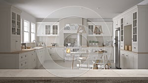 Wooden vintage table top or shelf closeup, zen mood, over blurred scandinavian classic kitchen with dining table and chairs, white