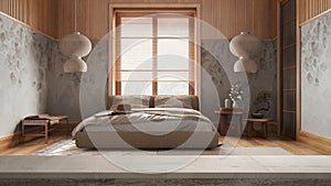 Wooden vintage table top or shelf closeup, zen mood, over japandi bedroom in beige tones with double bed and wallpaper, white