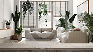 Wooden vintage table top or shelf closeup, zen mood, over minimal withe living room with sofas and many houseplants, architecture