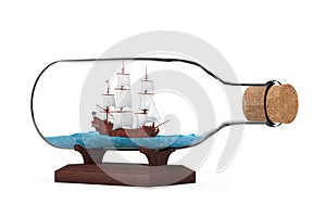 Wooden Vintage Tall Sailing Ship, Caravel, Pirate Ship or Warship Model in Glass Bottle. 3d Rendering