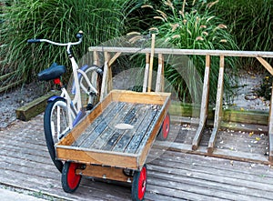 Wooden wagon and cruiser bike on Fire Island