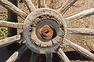 Wooden wagon wheel hub closeup