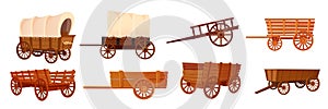 Wooden wagons. Covered tent wagon, farm handicraft vehicles old cartoon carts or western wheelbarrows, wild west