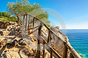 Wooden walk path to Sardinia beach , Golfo di Orosei, Italy