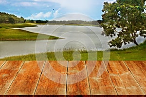 A wooden walk way or table on a blurry meadow