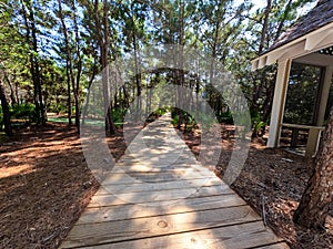 A wooden walking path that goes through a neighborhood park near Rosemary Beach along the popular tourist destination 30A