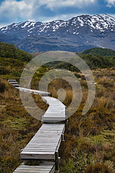 Wooden walking track on Mount Ruapehu, Tongariro National Park, New Zealand