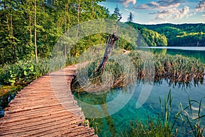 Wooden walkpath in Plitvice National Park.