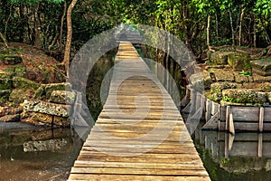 Wooden walkway at Angkor Wat Cambodia