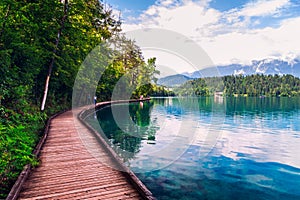 Wooden walkway around the lake Bled