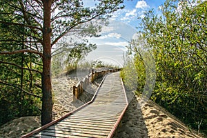 Wooden walkway through the dunes to the Gulf of Riga in Latvia.