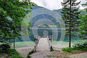 Wooden walkway leading to Lake Bohinj in Slovenia