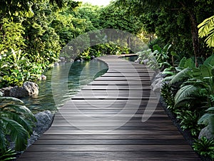 A wooden walkway in the middle of a lush green forest