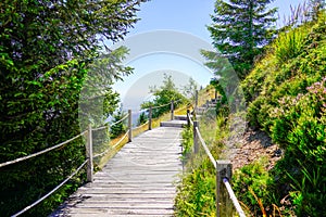 Wooden walkway path stairs go to puy de dome french mountains volcano