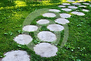 Wooden walkway, path of tree stumps on green grass in park