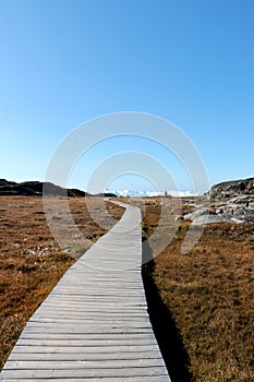 A wooden walkway towards Ilulissat Ice Fjord jakobshavn near Ilulissat in Summer