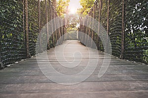 Wooden walkway, wood bridge through forest