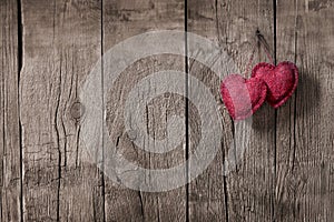 Wooden wall, 2 hearts, romantic and vintage background