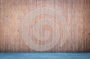 Wooden wall with concrete floor background for interior design, wood panel weathered vintage texture