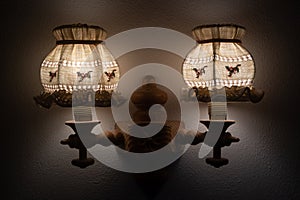 Wooden wall lamp with two country style lampshades