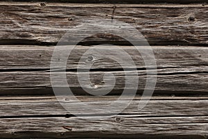 Wooden wall from log as background. Obsolete carpentry boards, panel. Surface of wooden texture for design and