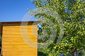 Wooden wall of a new utility storage used in the backyard of a country house, summer day