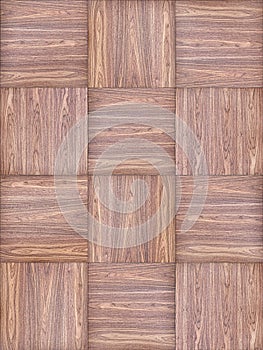 Wooden wall panel of walnut veneered MDF with chess pattern