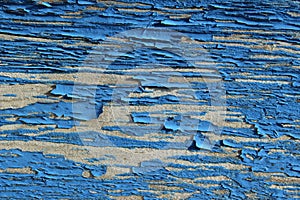 Wooden Wall Texture With Blue Painted Cracked Structure.