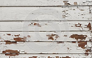 Wooden wall with white paint is severely weathered and peeling