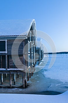 Wooden warehouses cold winter evening Hudiksvall