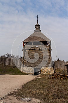 Wooden watchtower in the national reserve `Zaporizhzhia Sich` on the island of Khortytsia in Zaporizhzhia. Ukraine photo