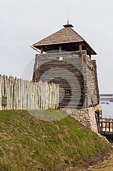Wooden watchtower in the national reserve `Zaporizhzhia Sich` on the island of Khortytsia in Zaporizhzhia. Ukraine photo