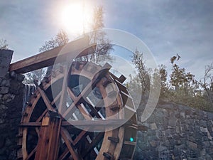 Wooden water mill, water wheel, traditional agriculture