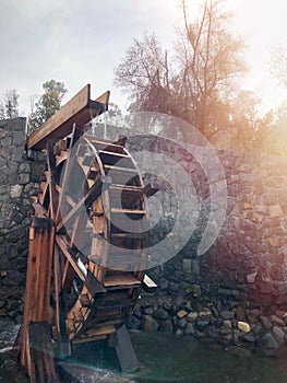 Wooden water mill, water wheel, traditional agriculture