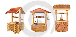 Wooden water wells with protective cover, bucket on rope and crank set on white background