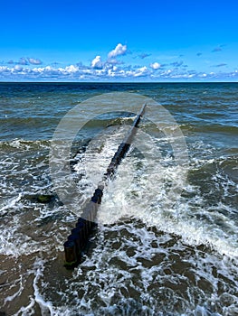 Wooden wave breakers in Zelenogradsk, Kaliningrad region