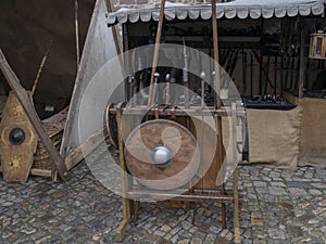Wooden weapons shield, sword, spears of the middle ages. Reconstruction of historical events of the city Magdeburg, Germany. The