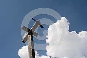 Wooden Weathervane Airplane and Summer Sky and Clouds