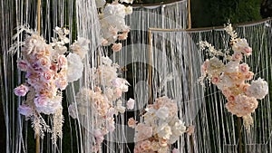 Wooden wedding hall is decorated with wedding decor. Beautiful wedding