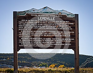 Wooden welcome sign to the town of Leadville Colorado USA