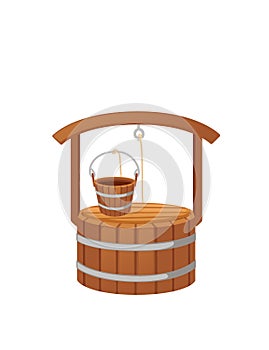 Wooden well with rope and bucket medieval design vector illustration isolated on white background