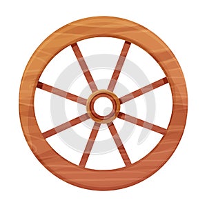 Wooden wheel in cartoon style, textured and detailed isolated on white background. Wild west ui asset, rustic, rural