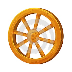 Wooden wheel in cartoon style, textured and detailed isolated on white background. Wild west ui asset, rustic, rural object,