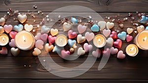 Wooden white background with red hearts, gifts, and candles. AI