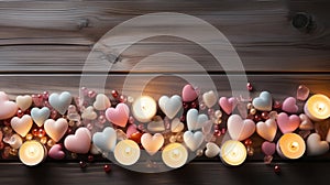 Wooden white background with red hearts, gifts, and candles. AI