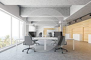 Wooden and white open space office with hall