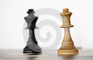 Wooden white queen and black king chess pieces