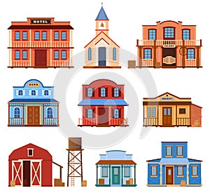 Wooden wild west style buildings set vector illustration antique American western architecture