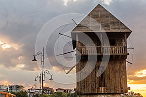 Wooden wind mill in Nesebar, Bulgar